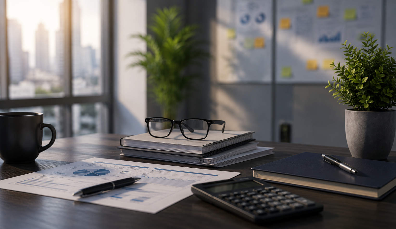 Modern financial reporting workspace with printed charts, calculator, notebook, eyeglasses, and coffee mug on an office desk overlooking a city skyline.